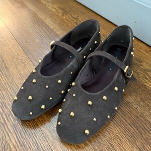 Zara Gold Studded Brown Mary Jane Flats 41 10